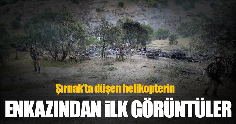 Düşen askeri helikopterin enkazı görüntülendi